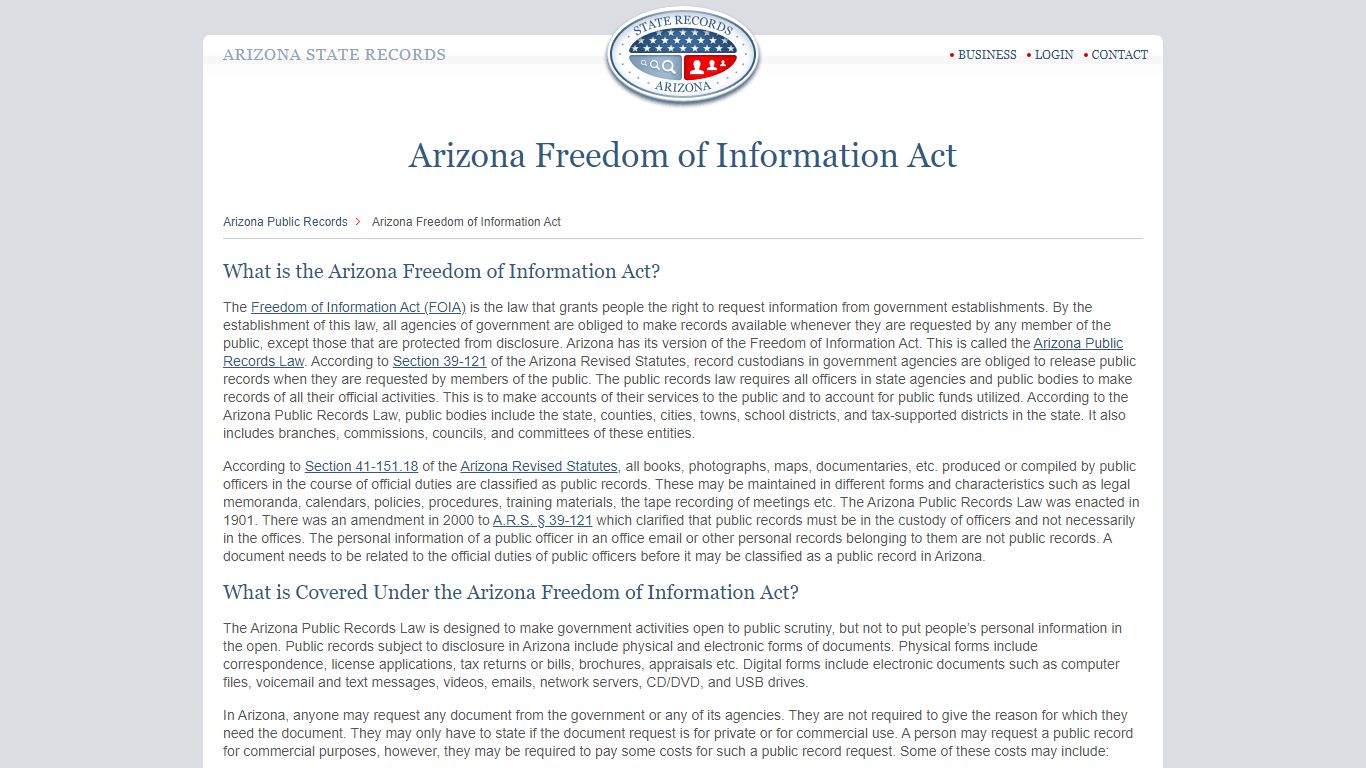 Arizona Freedom of Information Act | StateRecords.org